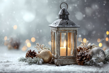 Rustic lantern glowing with a warm candle surrounded by frosted pinecones and festive ornaments on a snowy surface with soft bokeh winter lights in background