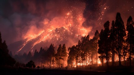 Intense Wildfire Engulfs Forest at Night with Dramatic Flames and Smoke