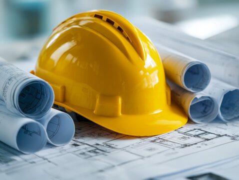 Yellow construction helmet resting on detailed architectural blueprints with rolled plans showing building design concepts and engineering layouts on a desk