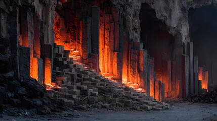 Enchanting Lava Flow Illuminates Stone Columns in Dramatic Cave