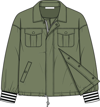 Men's olive green field jacket technical flat sketch vector, military style with chest pockets, striped cuffs, and zipper detail, fashion apparel design template