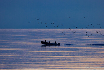A small boat with passengers moving across the water, accompanied by a flock of birds in flight in the morning