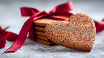 Heart-shaped gingerbread cookies tied with a red ribbon on a textured surface symbolizing love and festive holiday treats with warm cozy vibes