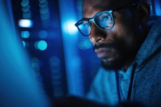 Data Center Work: Defocussed Engineer and Laptop