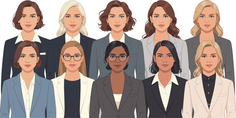 Diverse businesswomen vector portrait collection, group of professional female leaders in suits, teamwork, corporate staff, and empowerment illustration set