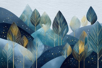 Ethereal Forest Landscape: A captivating abstract of a stylized forest, where the hills and trees morph into shimmering jewel-toned artwork that emanates peace and tranquility.