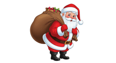 Illustration of Santa Claus carrying a large sack filled with gifts, wearing his traditional red and white suit.
