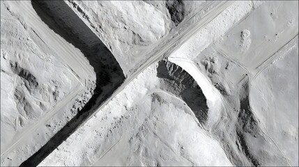 Aerial View of Unique Terrain, Sand Dunes, and Paths in Monochrome