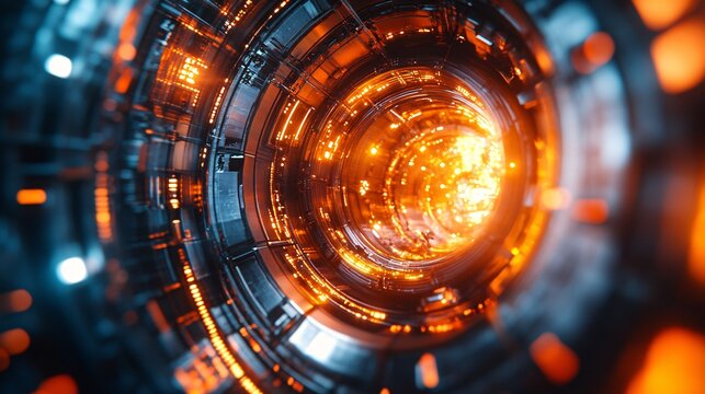 A striking closeup depicts a nuclear reactor core in a controlled environment, showcasing complex machinery, glowing elements, and an overall sense of scientific advancement and controlled power