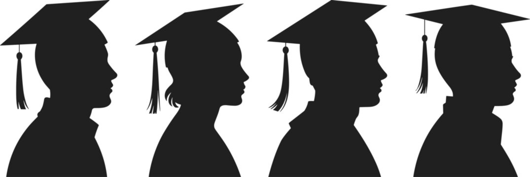 Set of four graduating student profile silhouettes wearing mortarboard academic caps with tassels, representing achievement, success, and higher education journey. - Powered by Adobe