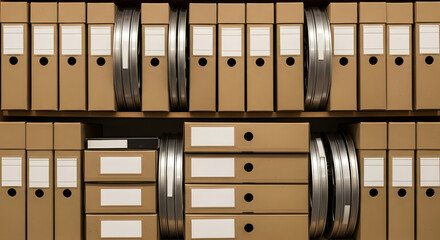 Organized archive shelves with document binders and film reels in neutral lighting