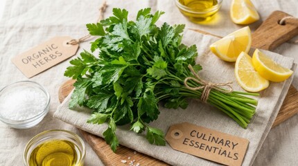 Fresh Herbs and Essentials Still Life - A vibrant still life showcasing fresh herbs and culinary essentials. Symbolizes freshness, flavor, healthy eating, cooking, and natural ingredients