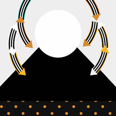 Abstract circular arrows flowing around a white circle and black shape