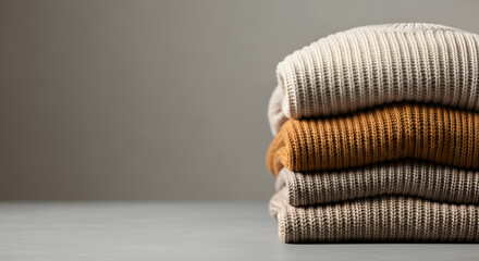 Neatly folded cozy ribbed knit sweaters stacked in warm earthy tones.