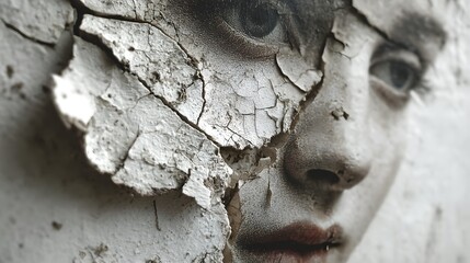 Abstract Art of Cracked Surface with Face Emerging from Wall