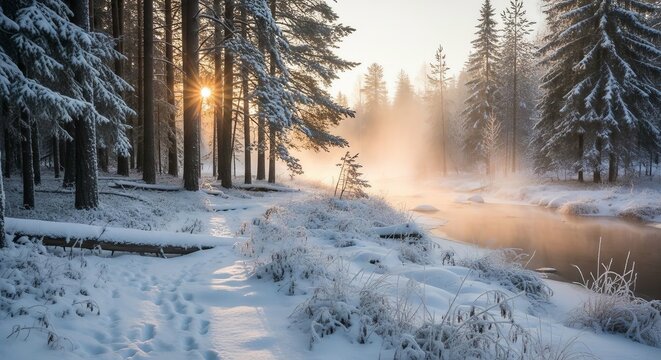 Misty Winter Forest and River at Sunrise with Sun Rays and Snow