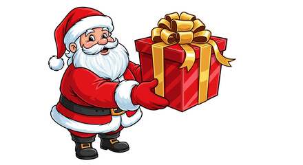 Cheerful Santa Claus in a red suit presents a large, wrapped gift box.