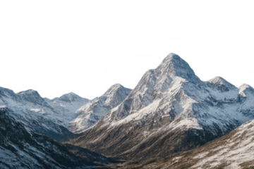 Snow-capped mountains and alpine peaks forming a rugged winter landscape, transparent background cutout for design elements