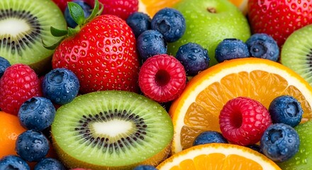 Vibrant Fresh Fruit Medley with Refreshing Water Droplets