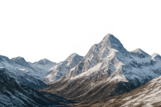 Snow-capped mountains and alpine peaks forming a rugged winter landscape, transparent background cutout for design elements