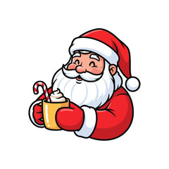 Cheerful Santa Claus enjoying a warm beverage with a candy cane.