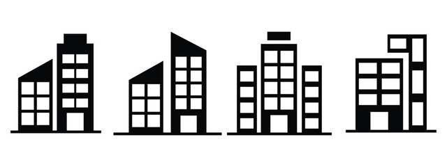 House and Building Icon Set – Residential, Office, School, and Skyscraper Vector Illustrations for Architecture and Urban Design