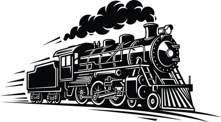 Retro steam train locomotive speeding with smoke clouds, black and white silhouette vector illustration, isolated on white background for transport logo design. © MdWahidul