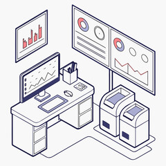 Isometric office setup with data analysis screens and servers