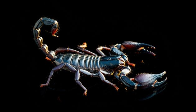 An iridescent Emperor Scorpion with blue and purple highlights isolated on a solid black background.