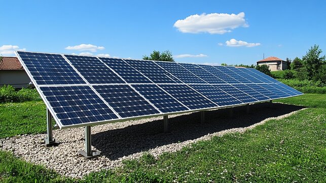 A closeup showcases a solar panel reflecting sunlight, highlighting its modern design and sustainable energy capabilities. It stands on a field with green grass beneath a vibrant blue sky - Powered by Adobe