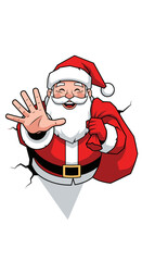 Santa Claus waving with a sack of gifts, bursting through a wall, with a cheerful expression.
