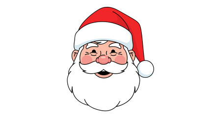 Cartoon illustration of Santa Claus's face with a red hat and white beard on a white background.
