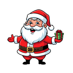 A cheerful Santa Claus figure, presenting a gift box with open arms.