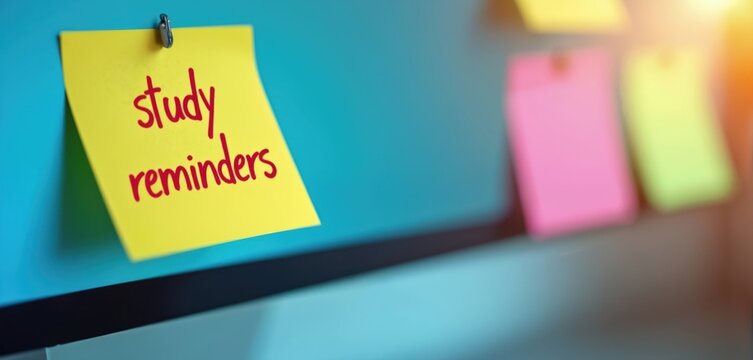 Bright yellow sticky note shows tudy reminders on computer screen. Colorful memo notes visible. Setup helps with organization, planning, focused work. Students professionals use method for