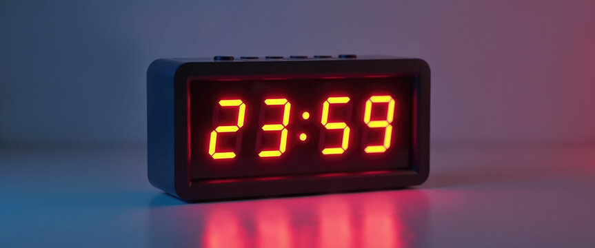 Digital flip clock changing from 23:59 to 00:00 with 'Happy New Year' LED display