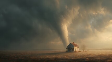 Dramatic Tornado Over Abandoned House in an Open Field Twilight