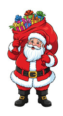 A cheerful Santa Claus figure carrying a large sack filled with colorful wrapped presents.