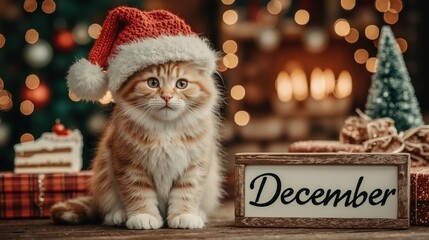 Cute orange kitten with santa hat sitting by december sign and christmas gifts in cozy holiday room with warm lighting
