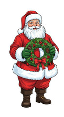 A jolly Santa Claus figure holding a festive Christmas wreath, smiling warmly.