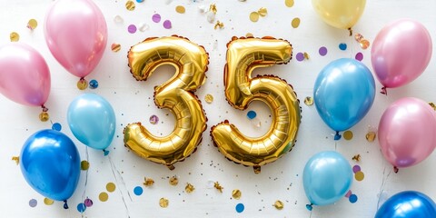 Festive Celebration Featuring Number 35 Balloon Display Surrounded by Colorful Balloons and Confetti
