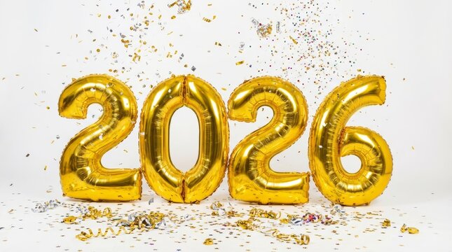 Golden 2026 Celebration Balloons - Shiny golden balloons spelling 2026, with confetti around. Perfect for New Year, anniversary, or milestone celebration