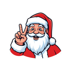 Cheerful Santa Claus character giving a peace sign, smiling brightly.