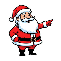 Cartoon illustration of Santa Claus in his red suit, pointing to the right.
