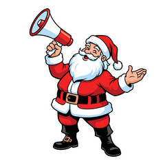Cheerful Santa Claus in a red suit holding a megaphone, speaking, and gesturing.
