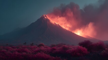 Erupting Volcano with Fiery Lava and Vibrant Pink Landscape at Dusk