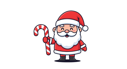 Cheerful cartoon Santa Claus holding a candy cane, smiling brightly.