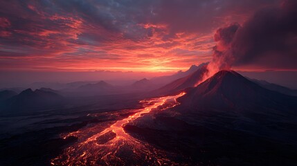 Majestic Eruption of Volcano Illuminated by Dramatic Sunset Colors