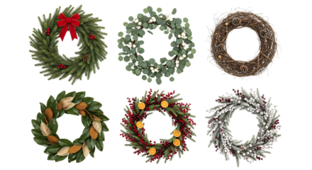 Six diverse holiday and seasonal wreaths, including evergreen, eucalyptus, frosted, and berry designs for festive decor, isolated on transparent background