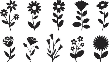 Simple Flower Silhouette Icon Vector Set, Minimalist Black Botanical Elements, Spring Blossom Graphics for Decoration, Logo, and Nature Design.