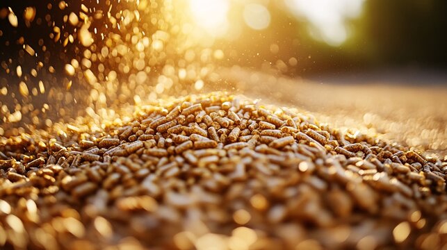 A closeup showcases biomass pellets, a sustainable resource ready for energy generation. Golden light and a shallow depth of field emphasize their potential as a clean energy solution for the future.